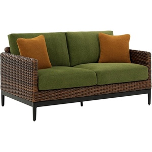 image:imageSignature Design by Ashley Horizon Hall Casual Outdoor Loveseat with Cushion UVResistant Nuvella Fabric Resin Wicker amp Aluminum Frame Ideal for Deck or Lanai Furniture Green amp Dark BrownCasual