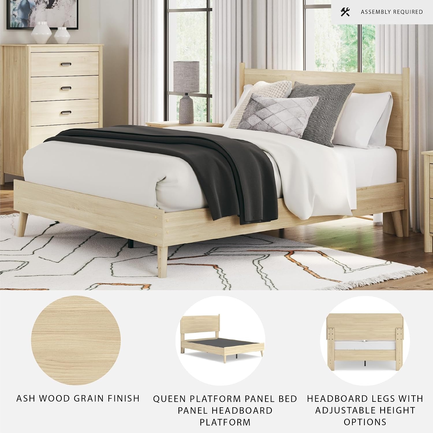 image:imageSignature Design by Ashley Cabinella Vintage Queen Platform Bed with Metal Slats and Center Support Legs Foundation or Box Spring Not Needed Light BrownLight Brown