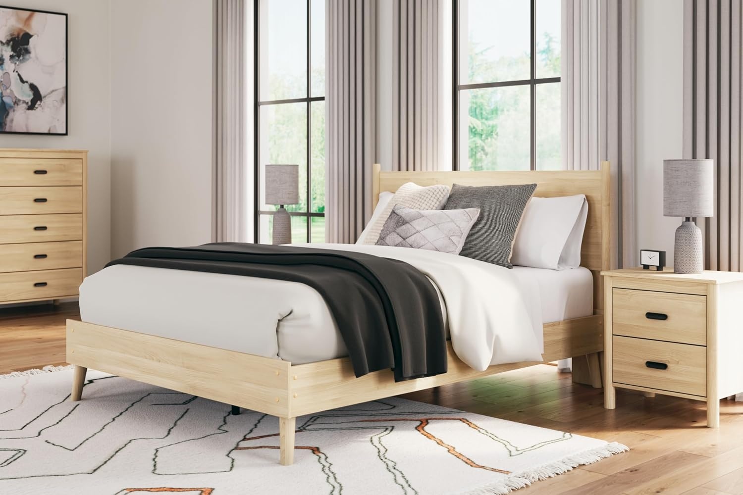 image:imageSignature Design by Ashley Cabinella Vintage Queen Platform Bed with Metal Slats and Center Support Legs Foundation or Box Spring Not Needed Light BrownLight Brown