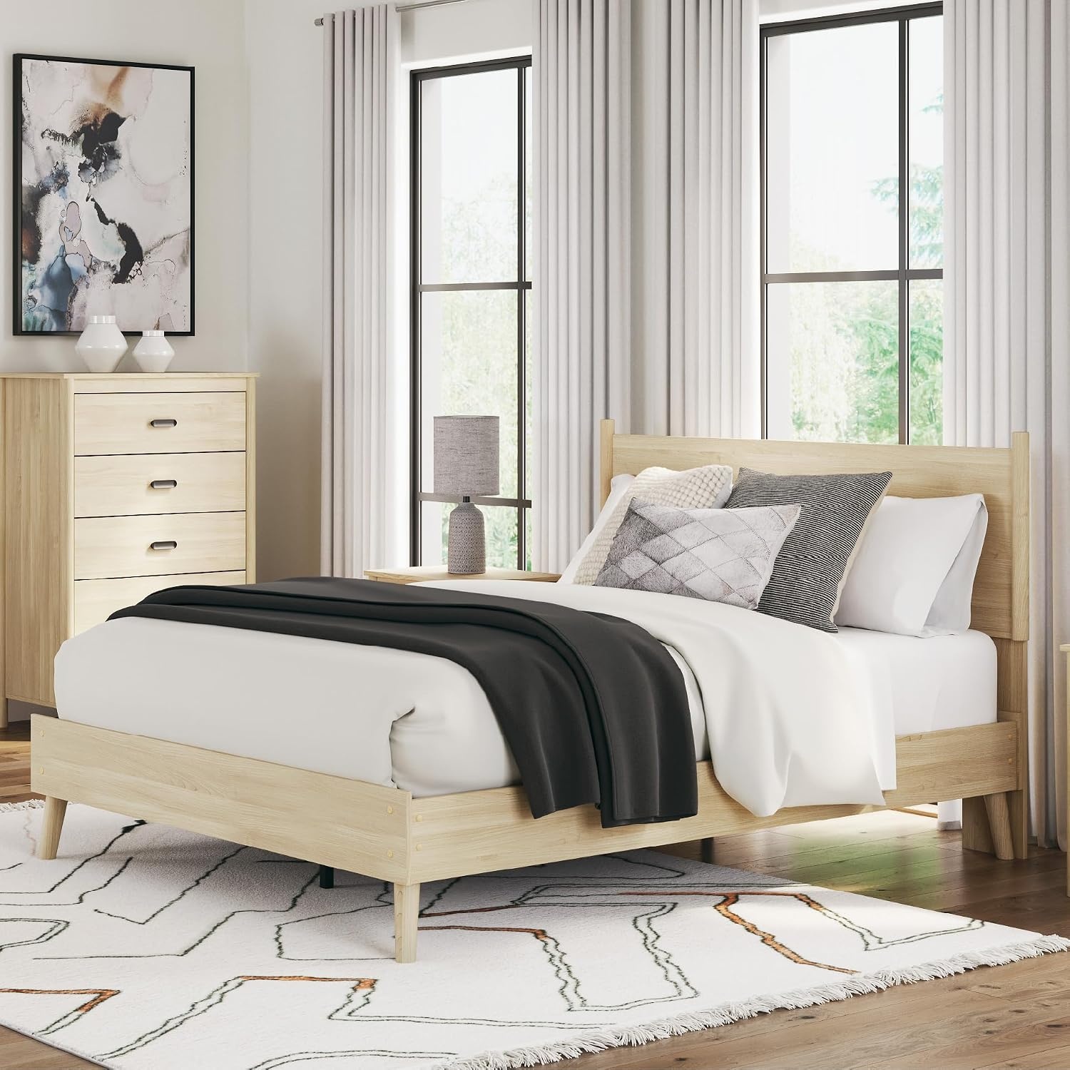 image:imageSignature Design by Ashley Cabinella Vintage Queen Platform Bed with Metal Slats and Center Support Legs Foundation or Box Spring Not Needed Light BrownLight Brown