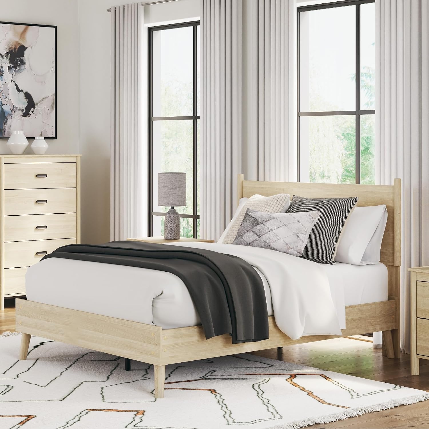 image:imageSignature Design by Ashley Cabinella Vintage Queen Platform Bed with Metal Slats and Center Support Legs Foundation or Box Spring Not Needed Light BrownLight Brown
