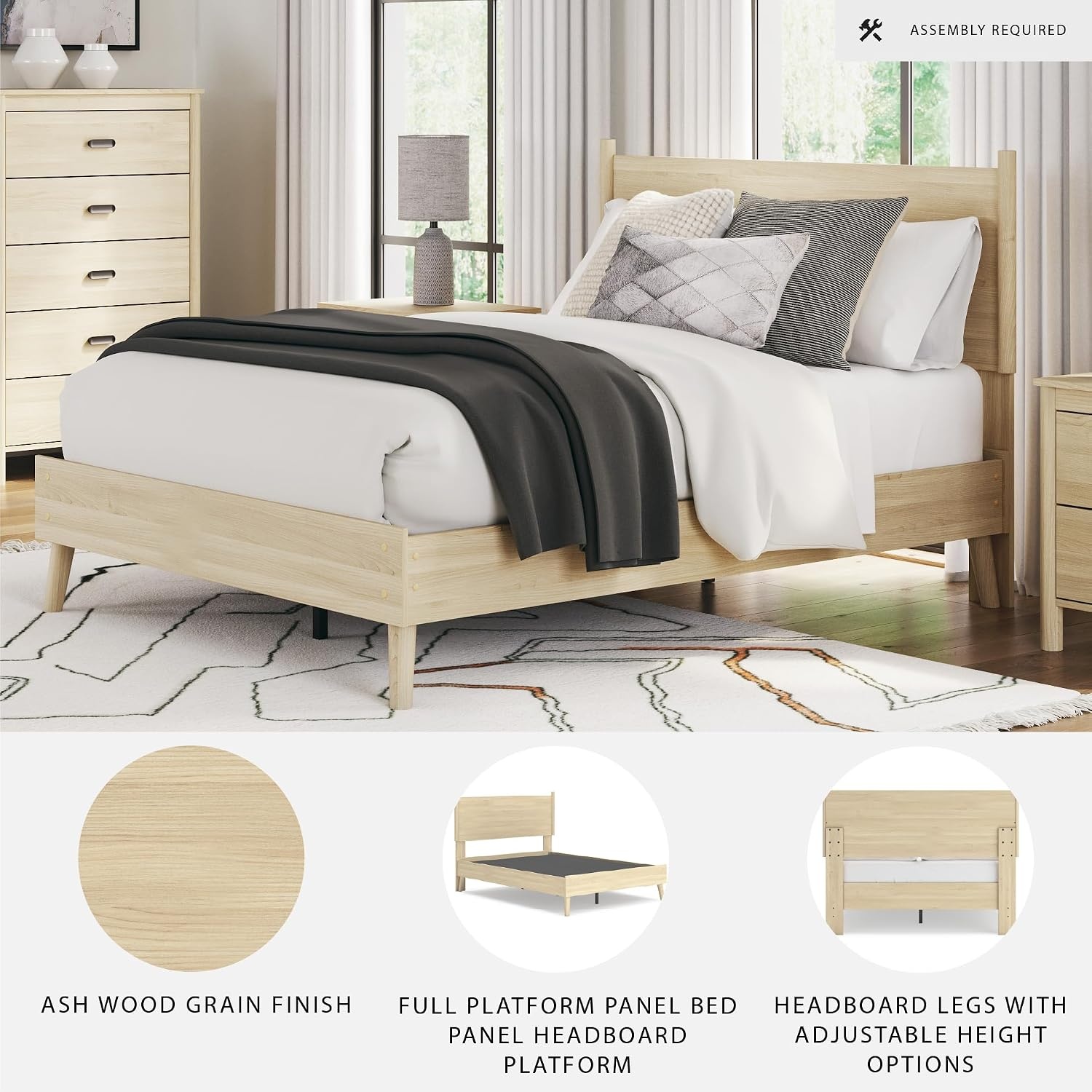 image:imageSignature Design by Ashley Cabinella Vintage Queen Platform Bed with Metal Slats and Center Support Legs Foundation or Box Spring Not Needed Light BrownLight Brown