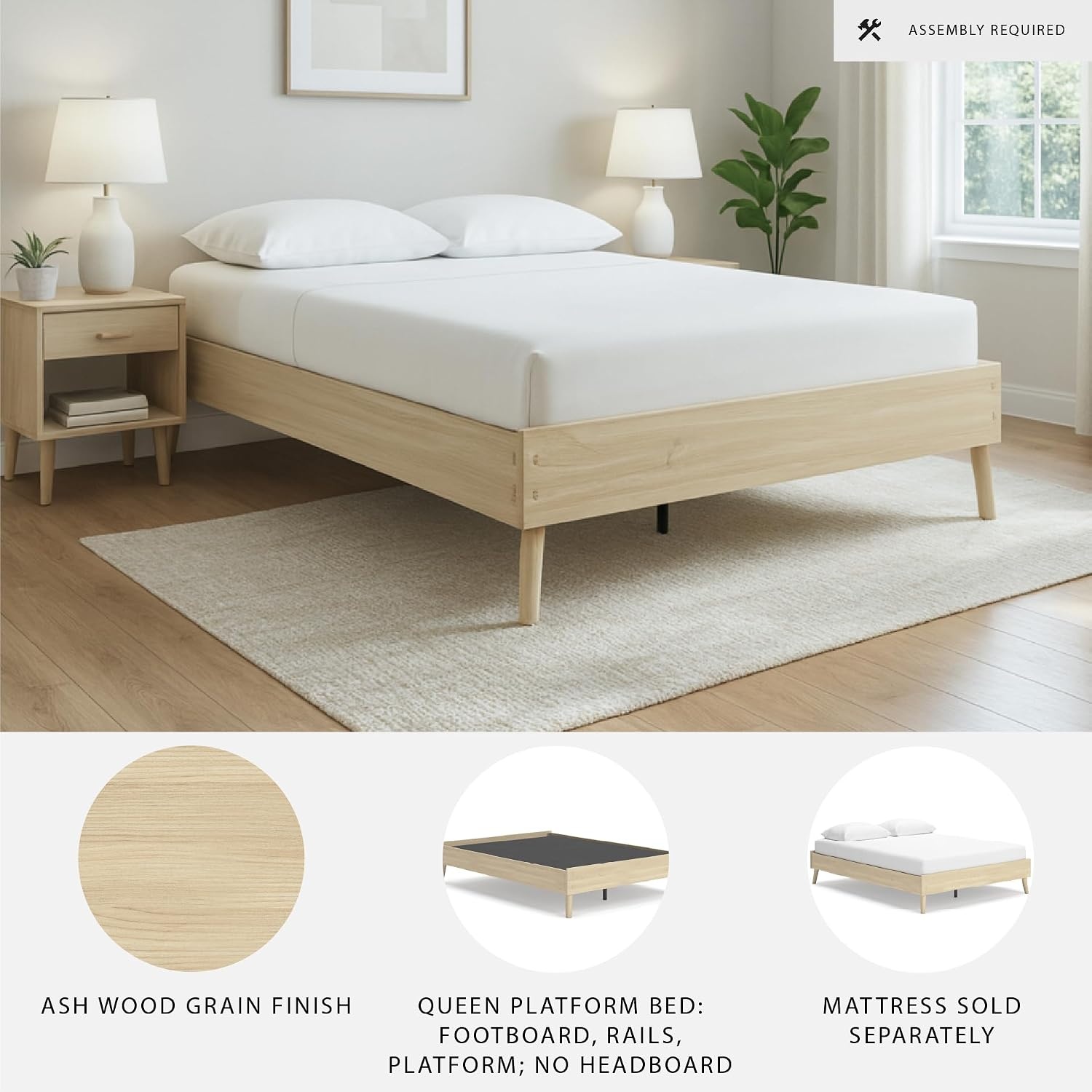 image:imageSignature Design by Ashley Cabinella Vintage Queen Platform Bed with Metal Slats and Center Support Legs Foundation or Box Spring Not Needed Light BrownLight Brown