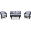 image:imageSignature Design by Ashley Bodega Island Contemporary Weather Resistant Outdoor LoveseatChairsTable Set with 2 Accent Pillows Set of 4 Light Gray