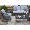 image:imageSignature Design by Ashley Bodega Island Contemporary Weather Resistant Outdoor LoveseatChairsTable Set with 2 Accent Pillows Set of 4 Light Gray