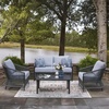 image:imageSignature Design by Ashley Bodega Island Contemporary Weather Resistant Outdoor LoveseatChairsTable Set with 2 Accent Pillows Set of 4 Light Gray