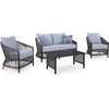 image:imageSignature Design by Ashley Bodega Island Contemporary Weather Resistant Outdoor LoveseatChairsTable Set with 2 Accent Pillows Set of 4 Light Gray