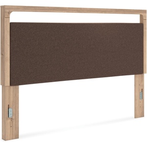 image:imageSignature Design by Ashley 6 Drawer Dresser for Bedroom Light Oak FinishKing Upholstered Panel Headboard