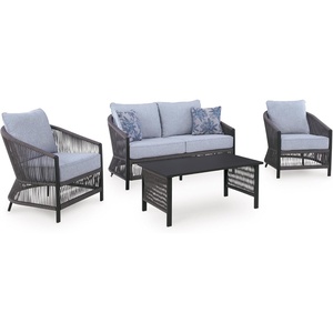image:imageSignature Design by Ashley Bodega Island Contemporary Weather Resistant Outdoor LoveseatChairsTable Set with 2 Accent Pillows Set of 4 Light Gray