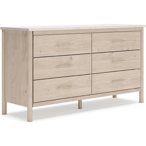 image:imageSignature Design by Ashley Cadmori Casual Bohemian Dresser with Post Legs and 6 Drawers Replicated Marble Top Wood 35 High White and Light Brown FinishWhite  Beige