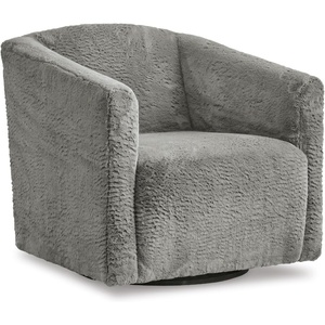 image:imageSignature Design by Ashley Bramner Swivel Chair with Charcoal Gray Faux Fur Upholstery Cozy BarrelBack Seating with Tight Cushion and Metal Base for Living Room or Bedroom