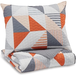 image:imageSignature Design by Ashley Layne Contemporary Geometric Design Reversible Twin Coverlet with One Pillow Sham Set Gray White Orange