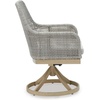 image:imageSignature Design by Ashley Seton Creek Casual Nuvella Weather Resistant Fabric Resin Wicker Swivel Outdoor Bar Height Bar Stool with Cushion Footrest and Armrest Set of 2 Beige amp Light GrayOutdoor Swivel Chair