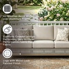 image:imageSignature Design by Ashley Seton Creek Casual Nuvella Weather Resistant Fabric Resin Wicker Swivel Outdoor Bar Height Bar Stool with Cushion Footrest and Armrest Set of 2 Beige amp Light GrayOutdoor Sofa with Cushion
