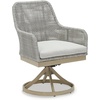image:imageSignature Design by Ashley Seton Creek Casual Nuvella Weather Resistant Fabric Resin Wicker Swivel Outdoor Bar Height Bar Stool with Cushion Footrest and Armrest Set of 2 Beige amp Light GrayOutdoor Swivel Chair