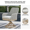 image:imageSignature Design by Ashley Seton Creek Casual Nuvella Weather Resistant Fabric Resin Wicker Swivel Outdoor Bar Height Bar Stool with Cushion Footrest and Armrest Set of 2 Beige amp Light GrayOutdoor Swivel Chair