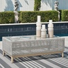image:imageSignature Design by Ashley Seton Creek Casual Nuvella Weather Resistant Fabric Resin Wicker Swivel Outdoor Bar Height Bar Stool with Cushion Footrest and Armrest Set of 2 Beige amp Light GrayOutdoor Coffee Table