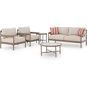 image:imageSignature Design by Ashley Big Creek Cove Contemporary Outdoor LoveseatChairsTables Set with Cushion and 2 Throw Pillows Set of 5 Beige