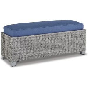 image:imageSignature Design by Ashley Naples Beach Casual Outdoor Bench with Cushion Nuvella Weather Resistant Fabric Light Gray amp BlueBench