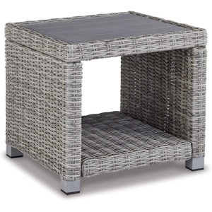 image:imageSignature Design by Ashley Naples Beach Casual Outdoor Bench with Cushion Nuvella Weather Resistant Fabric Light Gray amp BlueEnd Table
