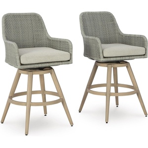 image:imageSignature Design by Ashley Seton Creek Casual Nuvella Weather Resistant Fabric Resin Wicker Swivel Outdoor Bar Height Bar Stool with Cushion Footrest and Armrest Set of 2 Beige amp Light GrayOutdoor Barstool