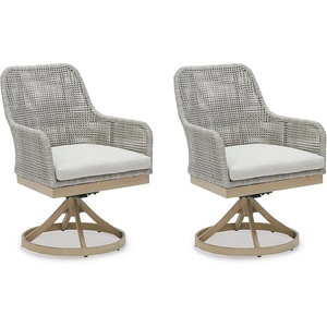 image:imageSignature Design by Ashley Seton Creek Casual Nuvella Weather Resistant Fabric Resin Wicker Swivel Outdoor Bar Height Bar Stool with Cushion Footrest and Armrest Set of 2 Beige amp Light GrayOutdoor Swivel Chair