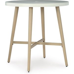 image:imageSignature Design by Ashley Seton Creek Casual Nuvella Weather Resistant Fabric Resin Wicker Swivel Outdoor Bar Height Bar Stool with Cushion Footrest and Armrest Set of 2 Beige amp Light GrayOutdoor Bar Table