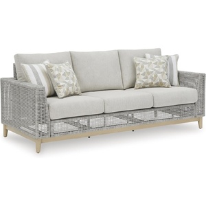 image:imageSignature Design by Ashley Seton Creek Casual Nuvella Weather Resistant Fabric Resin Wicker Swivel Outdoor Bar Height Bar Stool with Cushion Footrest and Armrest Set of 2 Beige amp Light GrayOutdoor Sofa with Cushion