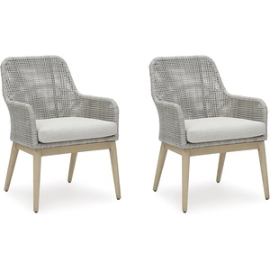 image:imageSignature Design by Ashley Seton Creek Casual Nuvella Weather Resistant Fabric Resin Wicker Swivel Outdoor Bar Height Bar Stool with Cushion Footrest and Armrest Set of 2 Beige amp Light GrayOutdoor Armless Chair