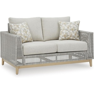 image:imageSignature Design by Ashley Seton Creek Casual Nuvella Weather Resistant Fabric Resin Wicker Swivel Outdoor Bar Height Bar Stool with Cushion Footrest and Armrest Set of 2 Beige amp Light GrayOutdoor Loveseat with Cushion