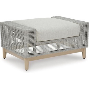 image:imageSignature Design by Ashley Seton Creek Casual Nuvella Weather Resistant Fabric Resin Wicker Swivel Outdoor Bar Height Bar Stool with Cushion Footrest and Armrest Set of 2 Beige amp Light GrayOutdoor Ottoman with Cushion