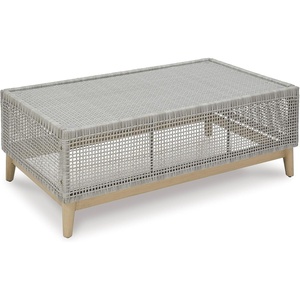 image:imageSignature Design by Ashley Seton Creek Casual Nuvella Weather Resistant Fabric Resin Wicker Swivel Outdoor Bar Height Bar Stool with Cushion Footrest and Armrest Set of 2 Beige amp Light GrayOutdoor Coffee Table
