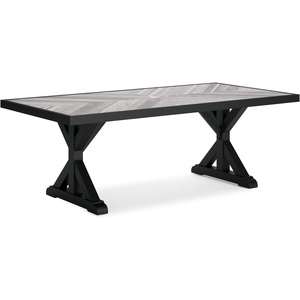 image:imageSignature Design by Ashley Beachcroft Outdoor Dining Table RustResistant Farmhouse Design with Porcelain Tabletop and Umbrella Hole for Patio Entertaining BlackLight Gray 84InchBlack