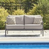 image:imageSignature Design by Ashley North Island Outdoor Loveseat PowderCoated Aluminum Frame UVResistant Nuvella Fabric Cushions Contemporary Porch and Patio Seating GrayWood Tones