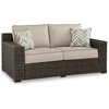 image:imageSignature Design by Ashley Coastline Bay Outdoor Loveseat RustFree Aluminum Frame with Nuvella Cushions and Handwoven AllWeather Resin Wicker Deep Seating 2 Person Patio Sofa Brown and BeigeOutdoor Loveseat with Cushion