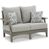 image:imageSignature Design by Ashley Visola Outdoor Loveseat With AllWeather HDPE Frame Nuvella Cushions Textured Wood Look for Patio and Deck Seating Gray 54 WLoveseat