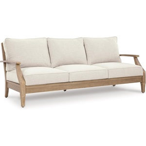 image:imageSignature Design by Ashley Carter Hall Outdoor Sofa UVResistant Nuvella Fabric Eucalyptus Wood Frame Patio Seating BeigeLinen