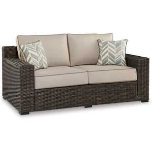 image:imageSignature Design by Ashley Coastline Bay Outdoor Loveseat RustFree Aluminum Frame with Nuvella Cushions and Handwoven AllWeather Resin Wicker Deep Seating 2 Person Patio Sofa Brown and BeigeOutdoor Loveseat with Cushion