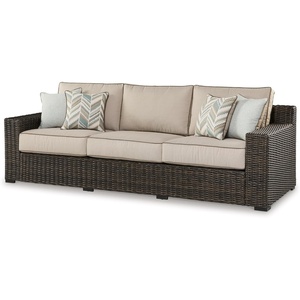 image:imageSignature Design by Ashley Coastline Bay Outdoor Loveseat RustFree Aluminum Frame with Nuvella Cushions and Handwoven AllWeather Resin Wicker Deep Seating 2 Person Patio Sofa Brown and BeigeOutdoor Sofa with Cushion