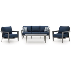 image:imageSignature Design by Ashley Gali Casual Nuvella Weather Resistant Fabric Outdoor SofaChairsTable Set with Cushion and Throw Pillows Set of 4 Blue amp Light Gray