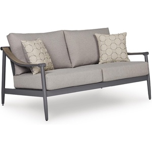image:imageSignature Design by Ashley North Island Outdoor Loveseat PowderCoated Aluminum Frame UVResistant Nuvella Fabric Cushions Contemporary Porch and Patio Seating GrayWood Tones