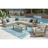 image:imageSignature Design by Ashley Kimpton Isle Contemporary Outdoor Fade and Rust Resistant Coffee Table with Stone Tabletop Light BrownKimpton Isle Rectangular Cocktail Table