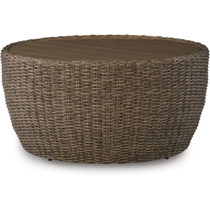 image:imageSignature Design by Ashley Cardiff Beach Outdoor Coffee Table AllWeather Wicker Aluminum with WoodLook Top Poolside Patio Outside Table for Backyard or Deck