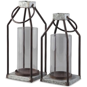 image:imageSignature Design by Ashley Diedrick Rustic Lantern Set of 2 IndoorOutdoor Galvanized Metal Antiqued Finish Glass Shade Holds 3 in Pillar Candles Not Included 19 amp17 Gray and BlackRustic