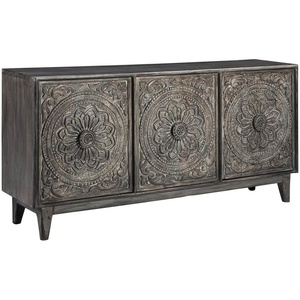 image:imageSignature Design by Ashley Fair Ridge Boho Hand Carved Wood Accent Cabinet or TV Stand Dark Gray