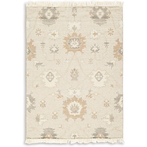 image:imageSignature Design by Ashley Calkin Vintage Indoor Floral Handmade Wool Blend 8 x 10 Rug with Fringe Design Beige amp Light Brown5x7