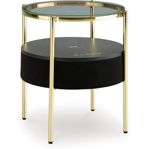 image:imageSignature Design by Ashley Nedman Modern Tempered Glass Tabletop Accent Table with Speaker Shelf USB and Qi Wireless Charging Options Black amp Metallic