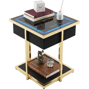 image:imageSignature Design by Ashley Rexwell Modern Glass Top Accent Table with Speaker Wireless Charging LED Lights and USB Ports Black amp Metallic