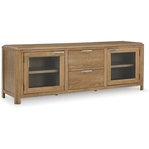 image:imageSignature Design by Ashley Rencott Contemporary 2Drawer 80 TV Stand for TVs up to 91 with Adjustable Shelves Cabinets Cord Openings Light Brown